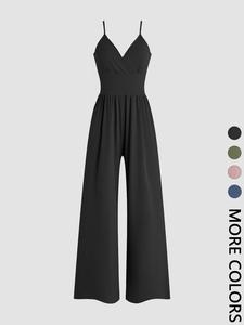 Women's Solid Plicated Ribbed Wide Leg Cami Jumpsuit, Comfort Basic Minimalist Fitted Casual Sleeveless Spaghetti Strap High Waist Jumpsuit for Summer, Lady's Clothes for Daily Wear, Womenswear