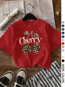 Women's Cherry & Leopard Print Round Neck Tee, Casual Short Sleeve T-shirt for Summer, Ladies Clothes for Daily Wear, Top, Casual Fashionable Top