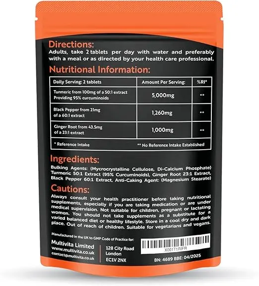 Turmeric Tablets 5000mg with Black Pepper & Ginger - 120 High Strength Curcumin Supplements - Turmeric and Black Pepper Tablets (Not Turmeric Capsules or Powder) Vegan & Gluten Free 1