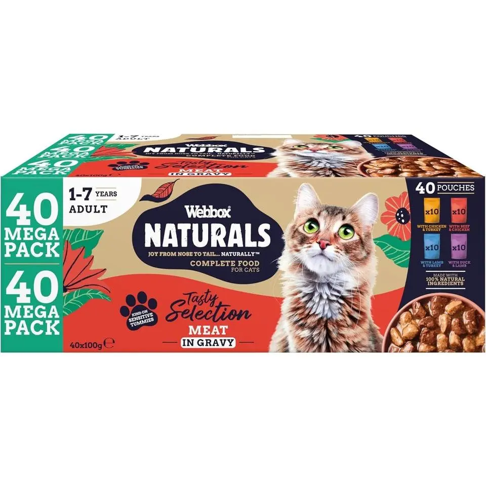 Complete Adult Wet Cat Food, 40 X Meat in Gravy Variety Mega Pack - Made with Natural Ingredients and No Nasties (40 X 100G Pouches)