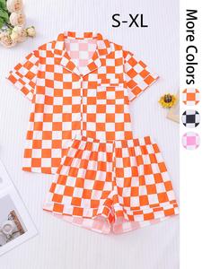 Women's All Over Plaid Print Short Sleeve Pajama Two-piece Set, Casual Comfy Lapel Neck Button Up Top & Shorts PJ Set, Ladies Sleepwear for All Seasons, Loungewear, Womenswear