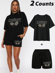 Women's Cherry & Letter Print Short Sleeve T-shirt & Shorts, Casual Fashion Cozy Round Neck Tee & Shorts for Daily Outdoor Wear, Ladies Summer Clothes, Suits, Womenswear, Outfit Sets Women, Matching Clothing Set, Shortsleeve, Casual Lounge Set