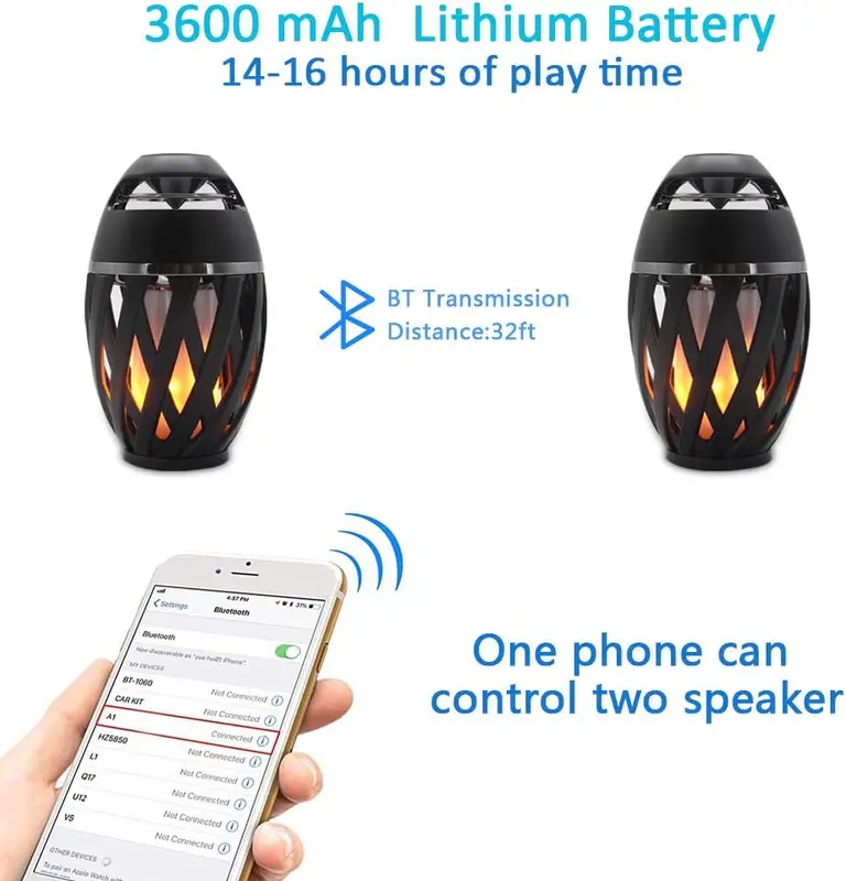 2-Pack Led Flame Speakers, Flame Torch Atmosphere Speaker Bluetooth 4.2 Wireless Portable Outdoor HD Audio Waterproof Speaker with LED Flickers Warm Night Lights for iPhone/iPad/Android 7