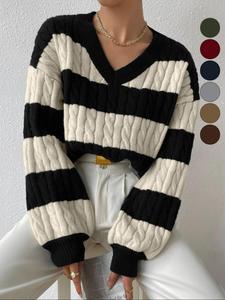 Women's Cable Knit Color Block Striped V Neck Sweater, Casual Long Sleeve Drop Shoulder Jumper Pullover Tops for Autumn & Winter, Korean Style Clothes
