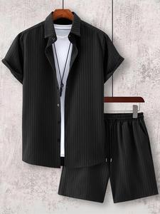 Men's Striped Print Button Up Shirt & Shorts Set, Regular Fit Casual Short Sleeve Collared Top & Shorts, Men's Summer Clothes for Daily Wear, Casual Outfit Set