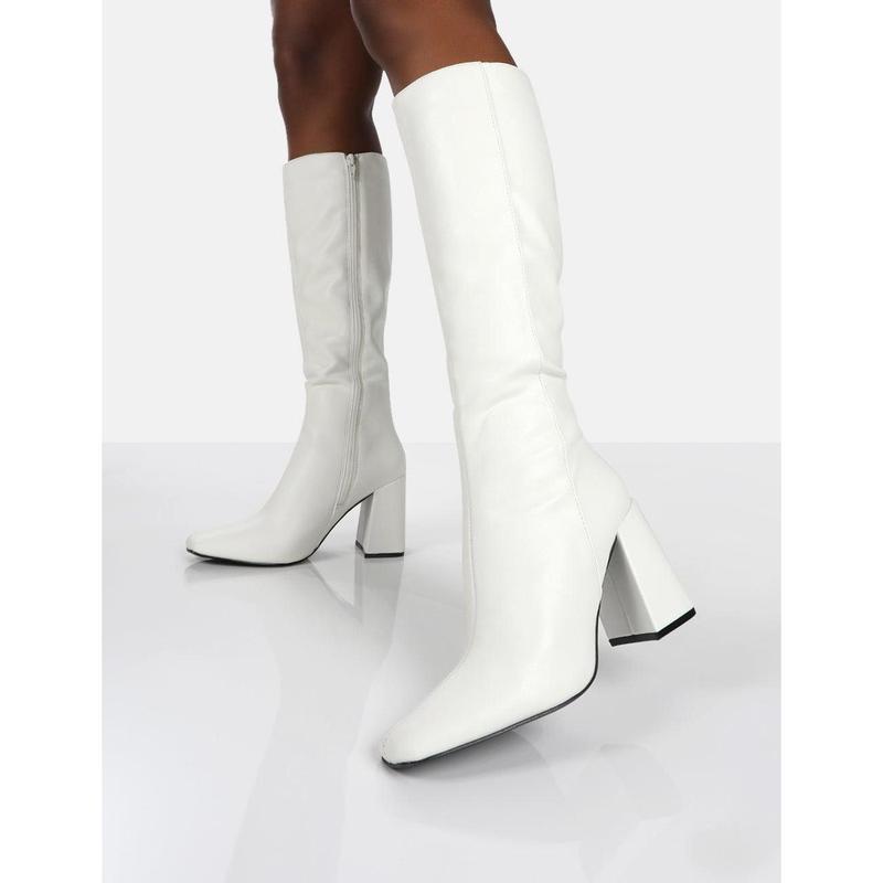 Apology White Pu Knee High Block Heel Boots 3