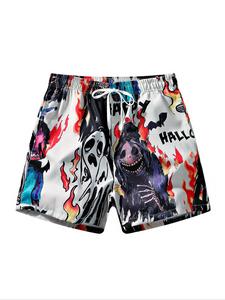 Unisex's Colorblock Cartoon Ghost Face Print Drawstring Waist Sports Shorts, Regular Fit Street Fashion Casual Comfortable Breathable Pocket Beach Shorts for Beach Vacation, All-match Bottoms for All Seasons