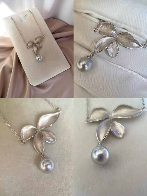 Starlit Pearls 7.5–8mm Natural Silver-Grey Japanese Madama Akoya Pearl Pendant Necklace, Sculptural Brushed Petal, Textured 925 Silver, Jewellery Showpiece 5