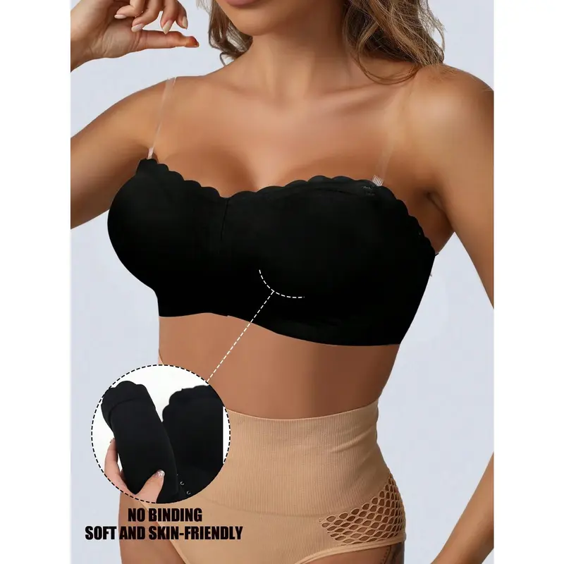 Women Front Closure Strapless Bra Push Up Wireless Sexy Tube Top Removable Padding Adjustable Bandeau Intimates Lingerie Basic Tube Bras Non Slip Silicone Soft Fabric Underwear Transparent Shoulder Straps Comfortable[S12] 3