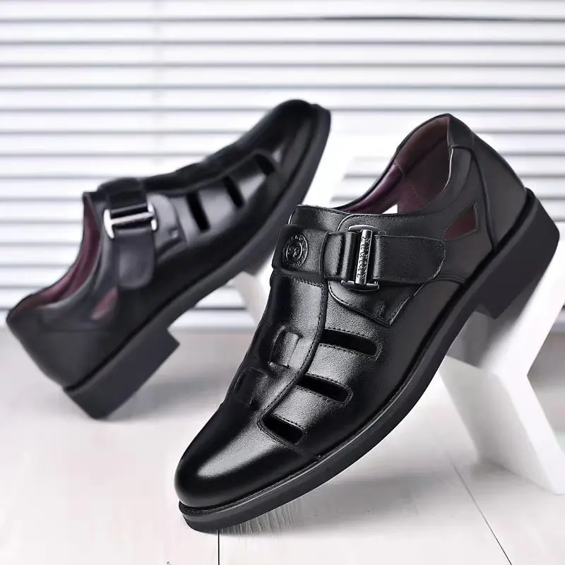 Summer leather sandals men's hole leather shoes bag head hollow middle-aged and elderly father breathable casual men's shoes