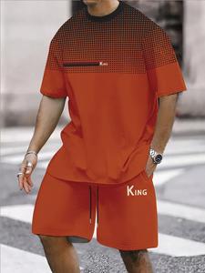 Men's All Over Print Short Sleeve Tee & KING Print Shorts Set, Regular Fit Casual Round Neck T-shirt & Track Shorts, Summer Clothes Set for Men