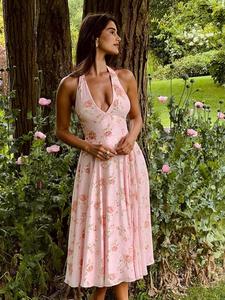 Women's Floral Print Halter Tank Dress, Elegant Sleeveless A Line Dress for Holiday Vacation Daily Wear, Ladies Clothes for Summer, Bohemian Womenswear, Halter Party Dress