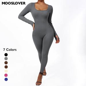 Mooslover Ribbed Jumpsuits Yoga Long Sleeve Workout Jumpsuits