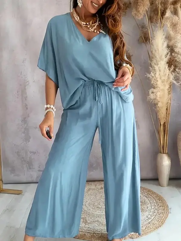 Elegant Two-Piece Lounge Set-Women's Solid Color V-Neck Half Sleeve Top Wide Leg Pants, Soft Breathable Fabric, Loose Fit, Effortless Chic, Comfortable Stylish Daily Wear Travel Office Loungewear Casual Outings & Vacation Perfect Gift for Women Daily Wear 2