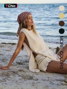 Women's Solid Color Round Neck Sweater Tanktop & Shorts Two-piece Set, Casual Minimalist Sleeveless Top & Shorts for Beach Vacation, Ladies Summer Clothes, Womenswear, Basic Summer Outfits Set