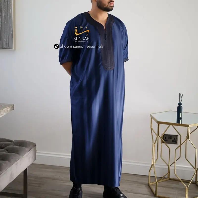 Moroccan Thobes Striped in Butter Yellow, Green & Navy Blue - Islamic Clothing 2