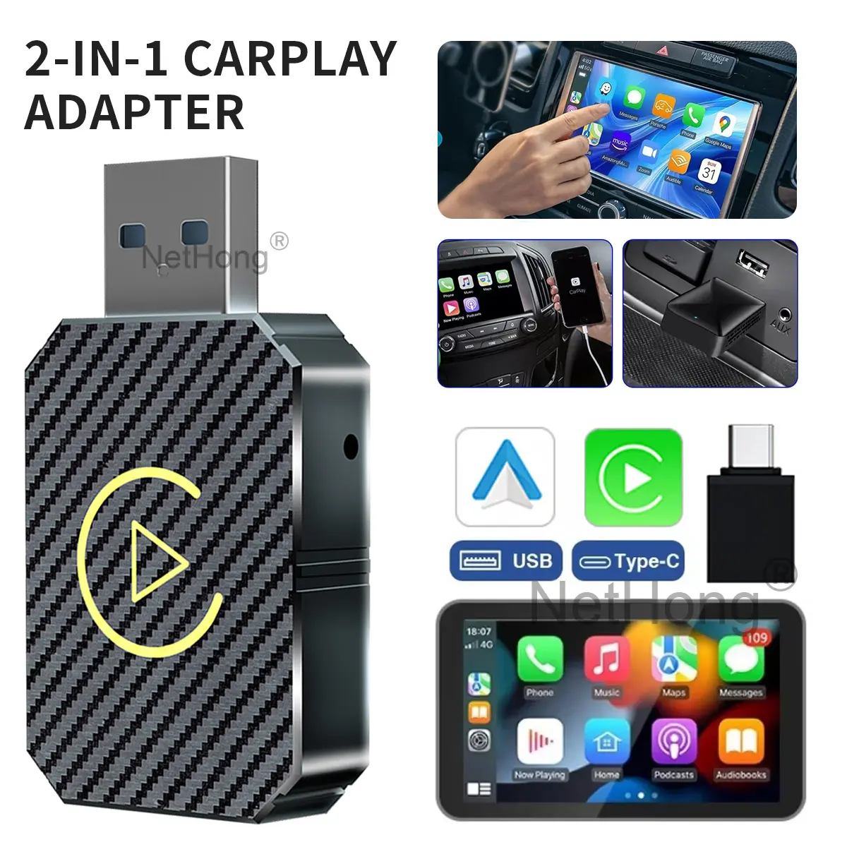 Wireless Carplay Adapter for iPhone Android 2 in 1 USB Car Dongle Plug ＆ Play