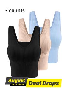 Women's Solid Backless Bra with Removable Chest Pad, Casual Comfort and Fit Rib Wireless Lingerie for Daily Wear, Softness Lingerie for All Seasons, Wireless Sports Bras, Women Workout Clothes, Solid Ribbed Bra, Black / Blue / Pink