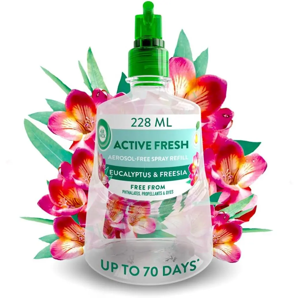 Air Wick Aerosol-Free Automatic Air Freshener Spray Refill, Eucalyptus & Freesia, Pack 1 x 228ml, 24x7 Active Fresh Odour Neutraliser, Lasts Up to 70 Days, Air freshener For Home Fragrance Scent