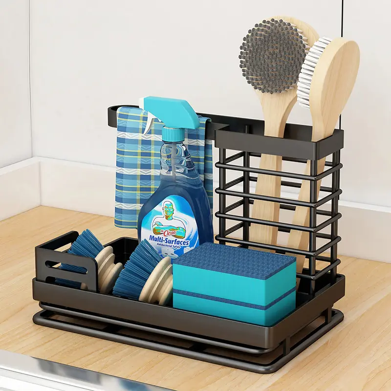 Lushhub Kitchen Silver/Black Steel Sink Organizer – Space-Saving Caddy with Drain Tray for Brushes, Sponges & Dispensers 1