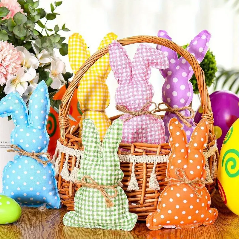 6pcs Easter Bunny Plush Knit Polka Dot Checkered Rabbit Figurines, Polyester Fabric Decorative Props for Holiday Party Decoration, No Electricity Needed 1
