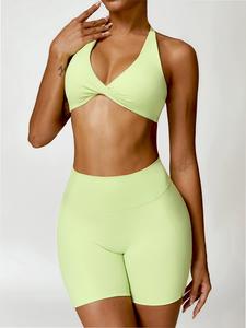 Women's Solid Twist Ruched Backless Halter Crop Top & High Waist Short Leggings Tracksuit Set, Sporty Breathable Outfits for Yoga Gym Workout Training Running, Gym Sets for Women, Ladies Sportswear for All Seasons, Co-ord Sets