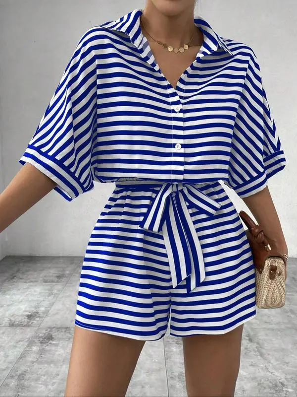 Women's Striped Print Romper, Casual Belted Romper for Summer, Fashion Women's Clothes for Daily Wear 6