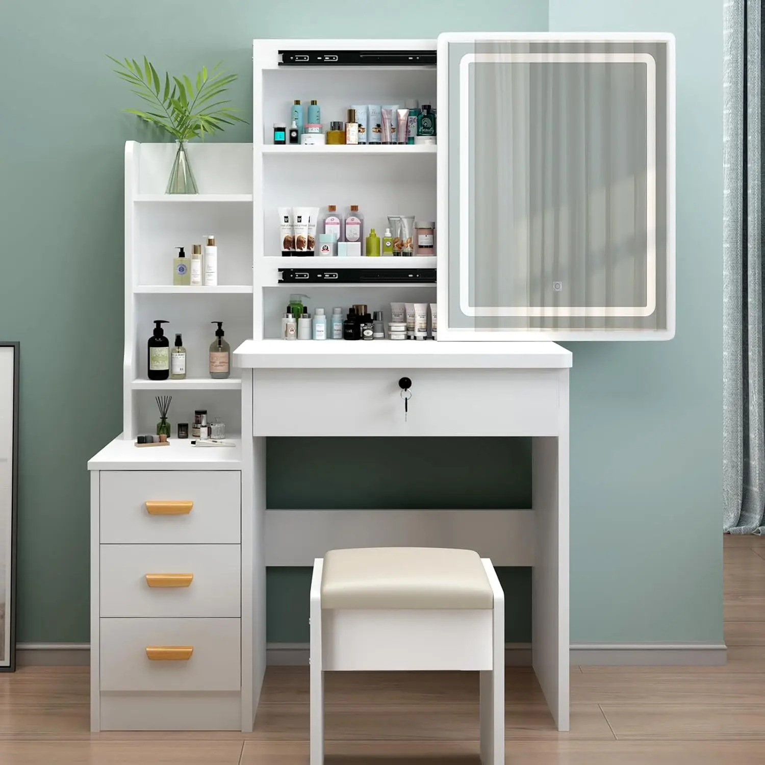 Dressing Table with LED Lighting Mirror, Dressing Table with Chair, Dressing Table with 3 Drawers, 5 Shelves, Modern Wooden Cosmetic Table, White (125)