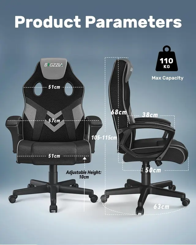 Gaming Chair, Office Desk Computer Chairs, Height Adjustable Reclining Video Game Seat with Headrest and Lumbar Support (Grey) 4