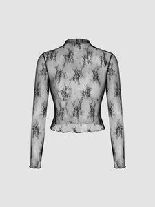 Women's Floral Lace Sheer Lettuce Trim Top, Elegant Boho Floral Print Long Sleeve Stand Collar Top for Daily Wear, Ladies Clothes for All Seasons