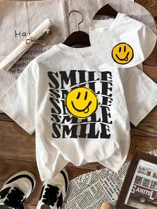 Women's Cartoon Smile Face Print Round Neck Tee, Fashion Casual Short Sleeve T-shirt, Ladies Summer Clothes for Daily Wear
