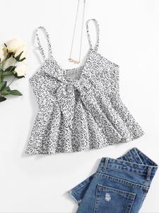 Women's Ditsy Floral Print Shirred Cami Top, Casual Knot Front Sleeveless Top for Summer, Ladies Clothes for Daily Wear, Womenswear