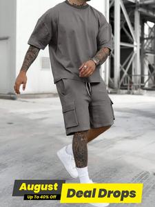 Men's Solid Color Tee & Drawstring Waist Shorts Loungewear Two-piece Set, Regular Fit Breathable and Soft Casual Comfy Round Neck Short Sleeve T-shirt & Pocket Shorts Pj Set, Men's Sleepwear for Summer, Menswear