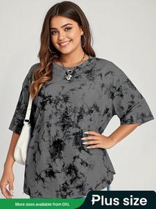 Plus Size Tie Dye Print Drop Shoulder Tee, Loose Fashion Casual Round Neck Half Sleeve T-shirt for Daily Outdoor Wear, Women Plus Clothing for Summer