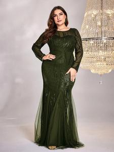 【Plus Size】 Solid Contrast Sequins Dress, Elegant Round Neck Long Sleeve Evening Party Gown, Women's Clothes for Spring & Fall