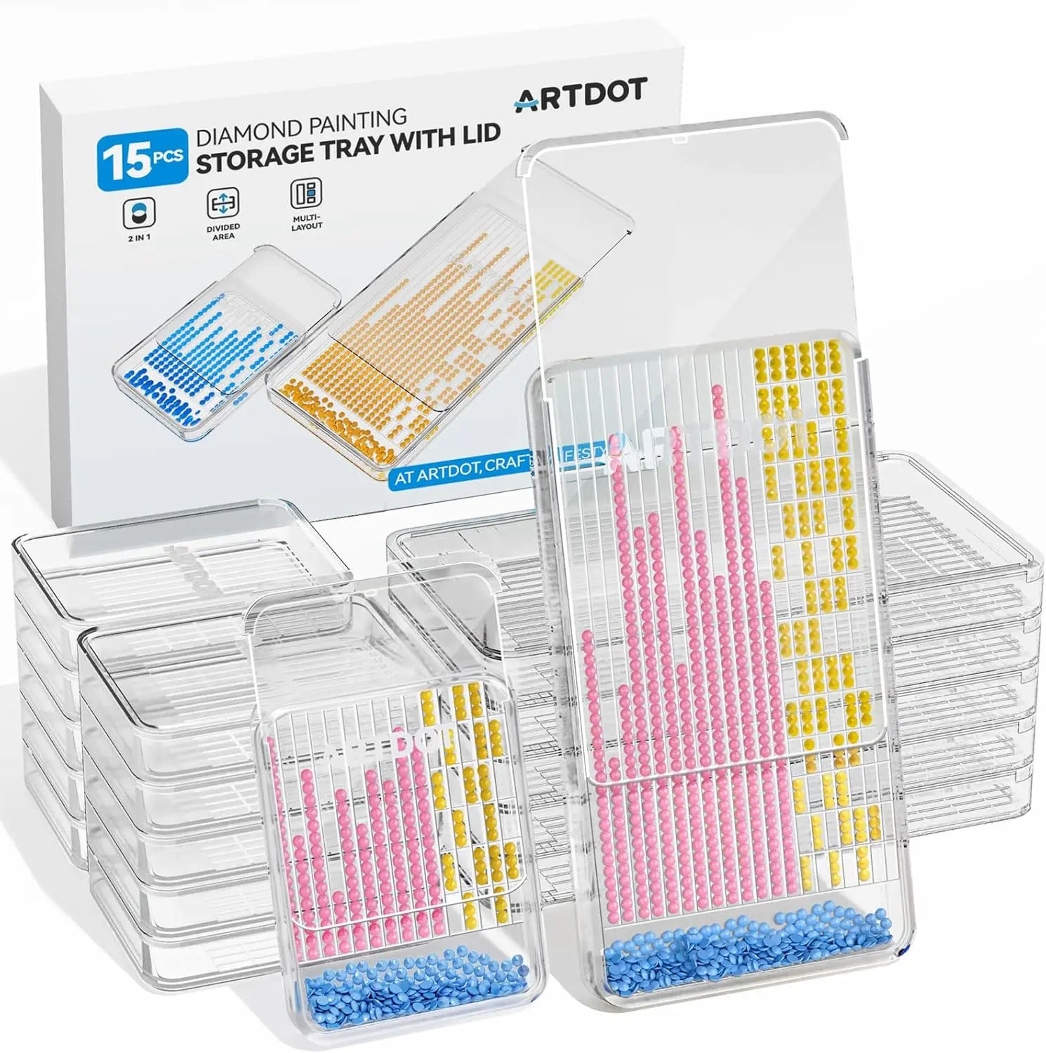 2-in-1 Stackable Diamond Painting Storage Tray Kit – 15-Piece Organizer with Lids & Static-Free Sorting for Diamond Art Accessories