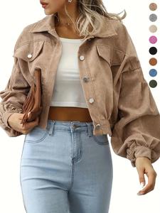 Women's Plain Pocket Button Front Lantern Sleeve Ruched Jacket, Casual Drop Shoulder Long Sleeve Collar Outerwear for Daily Wear, Ladies Clothes