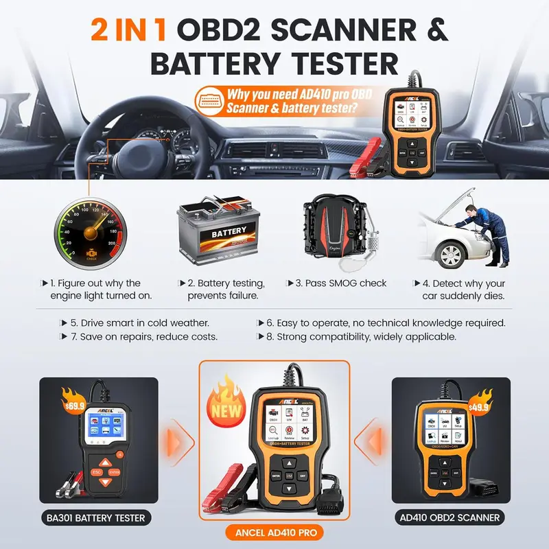 ANCEL AD410 Pro 2-in-1 OBD2 Scanner & Battery Tester – 6V/12V 100-2000 CCA Car Diagnostic Code Reader for All Vehicles 2