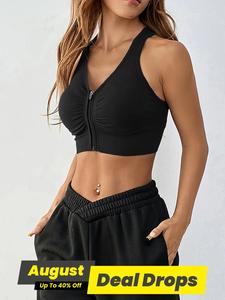 Women's Cut Out Zipper Front Crop Sports Vest, Sport Ruched V Neck Tank Top, Ladies Sportswear Clothing for Gym Indoor Outdoor Wear, Stretchable Activewear