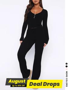 Two-piece Set Women's Solid Button Front Crop Tee & Drawstring Waist Flare Leg Pants, Casual Minimalist Long Sleeve V Neck Top & Bell Bottom Trousers for Spring & Fall, Women's Clothes for Daily Wear, Outfit