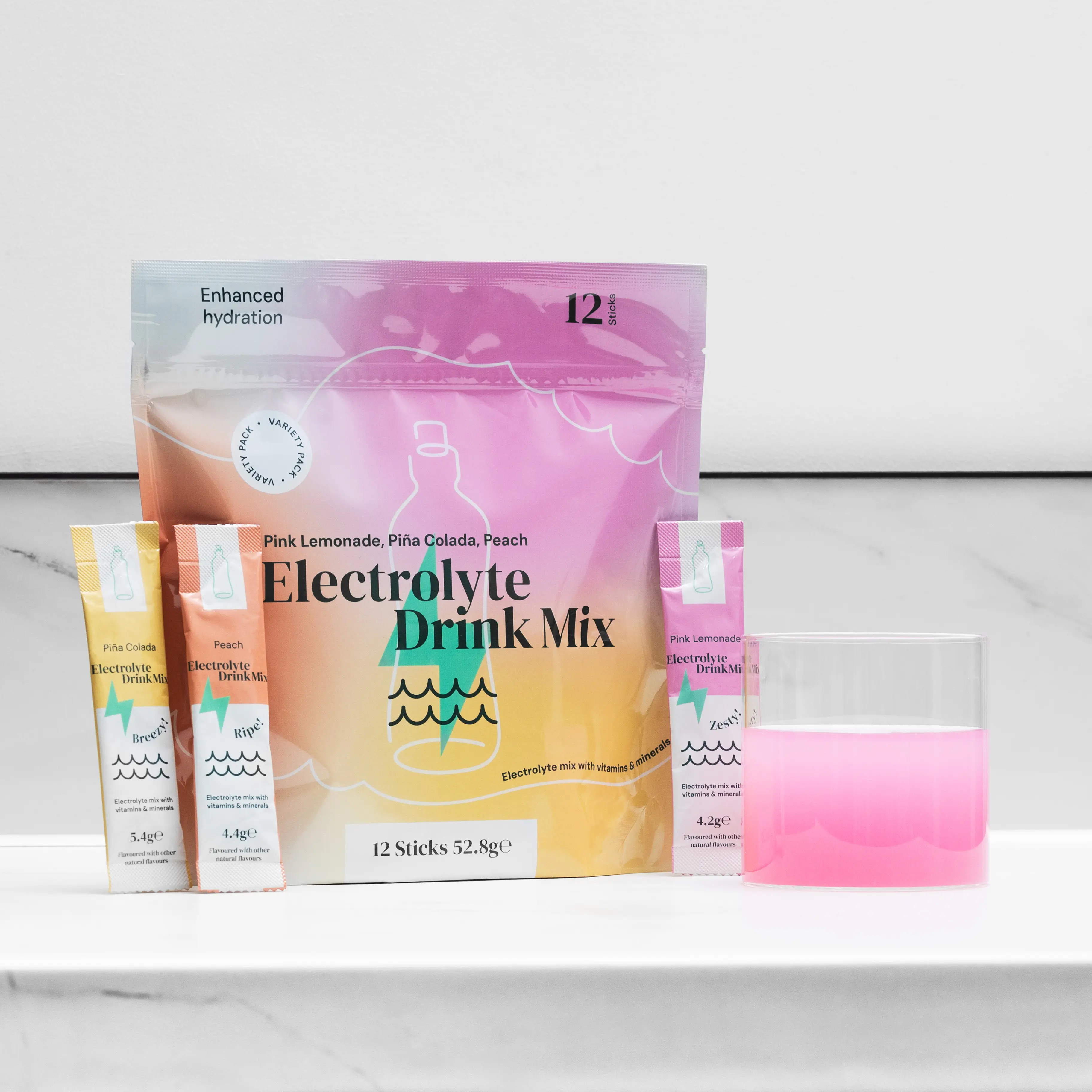 Habitual - Electrolytes - Hydration - 12 sticks - Pink Lemonade, Piña Colada, Peach