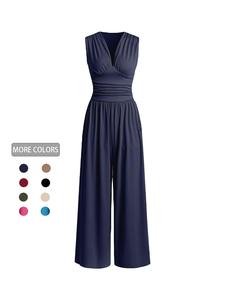 Women's Plain Ruched Deep V Neck Ribbed Jumpsuit, Elegant Sleeveless Wide Leg Jumpsuit for Summer, Ladies Clothes for Beach Holiday Vacation