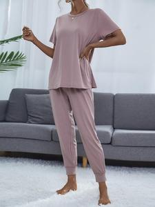 Women's Round Neck Tee & Drawstring Waist Cropped Pants Loungewear Set, Lounge Set, Crew Neck Short Sleeve T-shirt & Pocket Trousers Pj Set, Summer Outfits, Pyjamas for Women