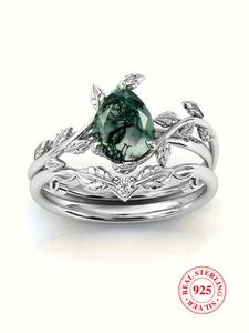 S925 Sterling Silver Natural Grass Agate Ring Set, with Box, Fashion Accessories for Women & Men, Statement Ring, Trendy All-match & Exquisite Jewelry for Birthday Gift, Bridal Engagement Ring