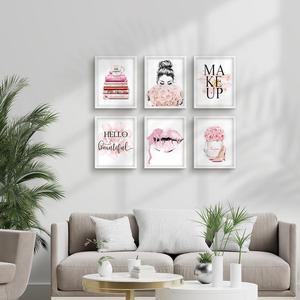 Fashion Painting Modern Art Print, 6 Counts Makeup Themed Canvas Hanging Painting without Frame, Wall Decor for Living Room Bedroom Office