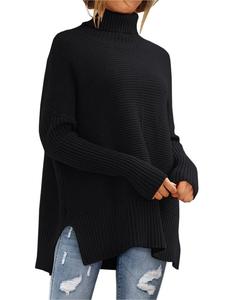 Women's Long Sleeve Split Hem Turtle Neck Sweater, Sweaters for Women, Casual Solid Drop Shoulder Jumper for Daily Outdoor Streetwear, Women's Knit Top for Fall & Winter