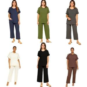 Findfashion Women's Gold Button Shoulder Top And Trouser Popcorn Texture Cheescloth Tracksuit Set For Ladies