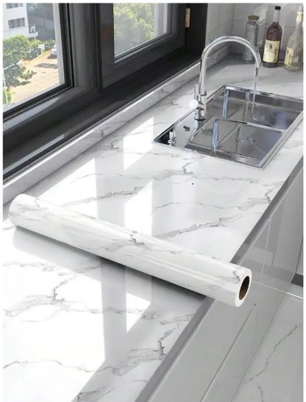 1pc Blue & Gold Marble Pattern Oil-Proof Kitchen Sticker, Heat Resistant, Waterproof, Mildew-Proof Tile Wall Paper,