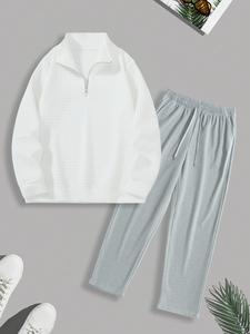 Men's Solid Color Half Zip Sweatshirt & Pants Two-piece Set, Casual Regular Fit Long Sleeve Pullover & Trousers for Fall & Winter, Men's Two-piece Outfits for Daily Wear