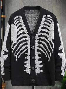 Men's Graphic Print Button Front V Neck Cardigan, Loose Casual Long Sleeve Knitwear for Fall & Winter, Men's Clothes for Daily Wear